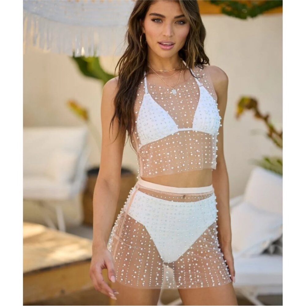 Beach Bunny Swimwear Glitzy Girl Mesh Pearl Top & Skirt